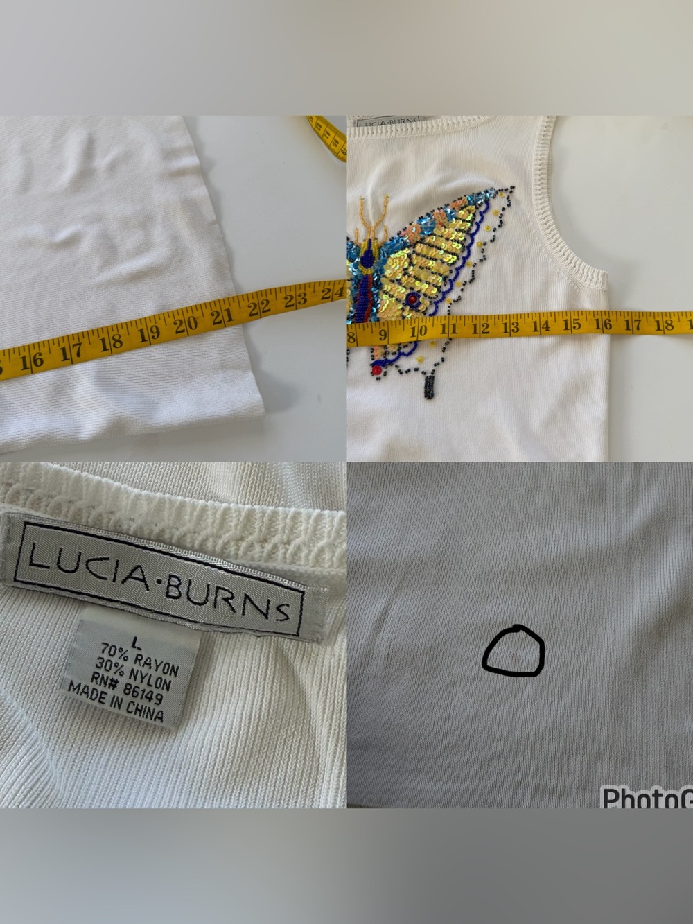 Vintage Y2K Lucia Burns Beaded Butterfly Sequin Tank Top White Ribbed Large. - Picture 10 of 12